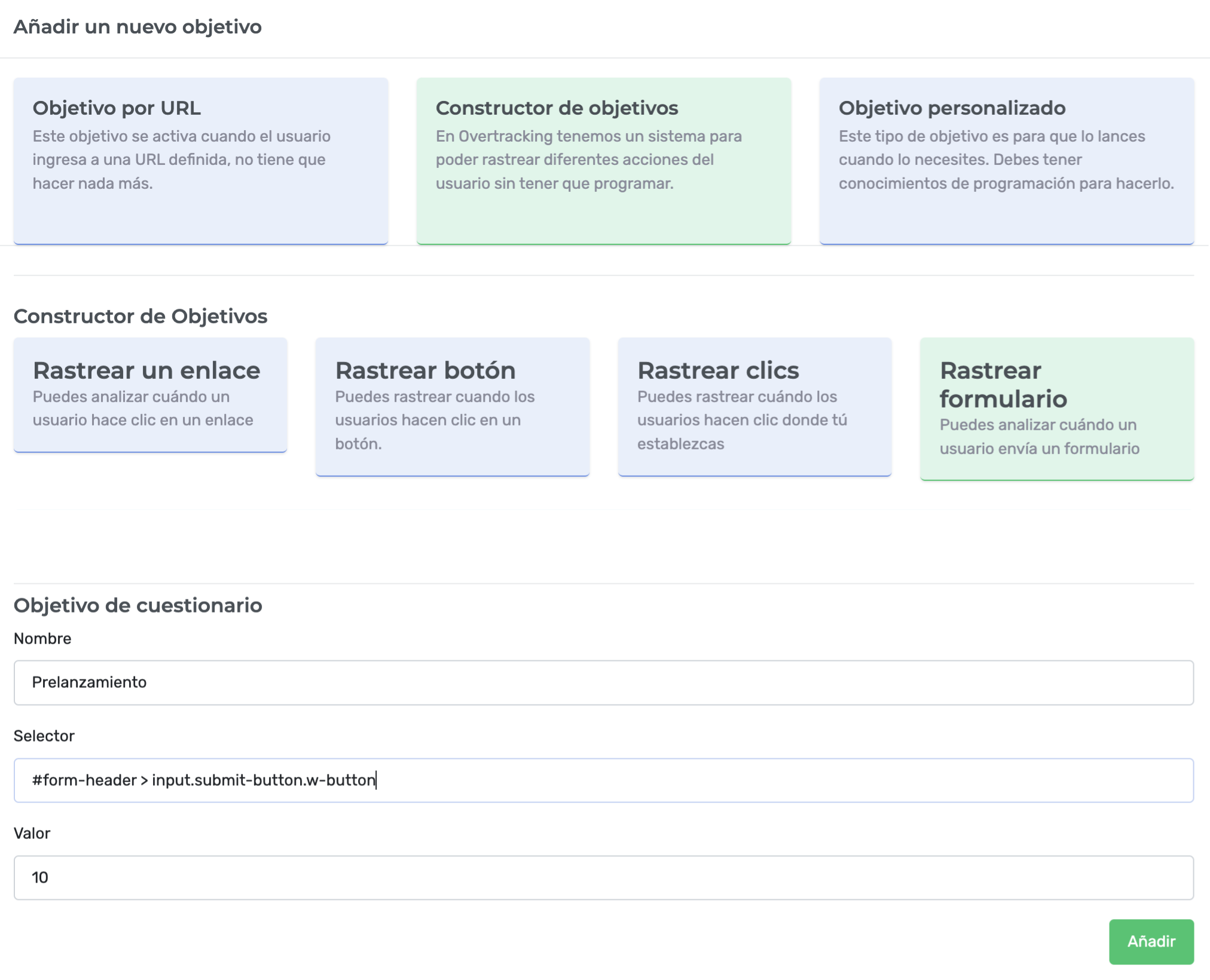 Constructor de objetivos de overtracking