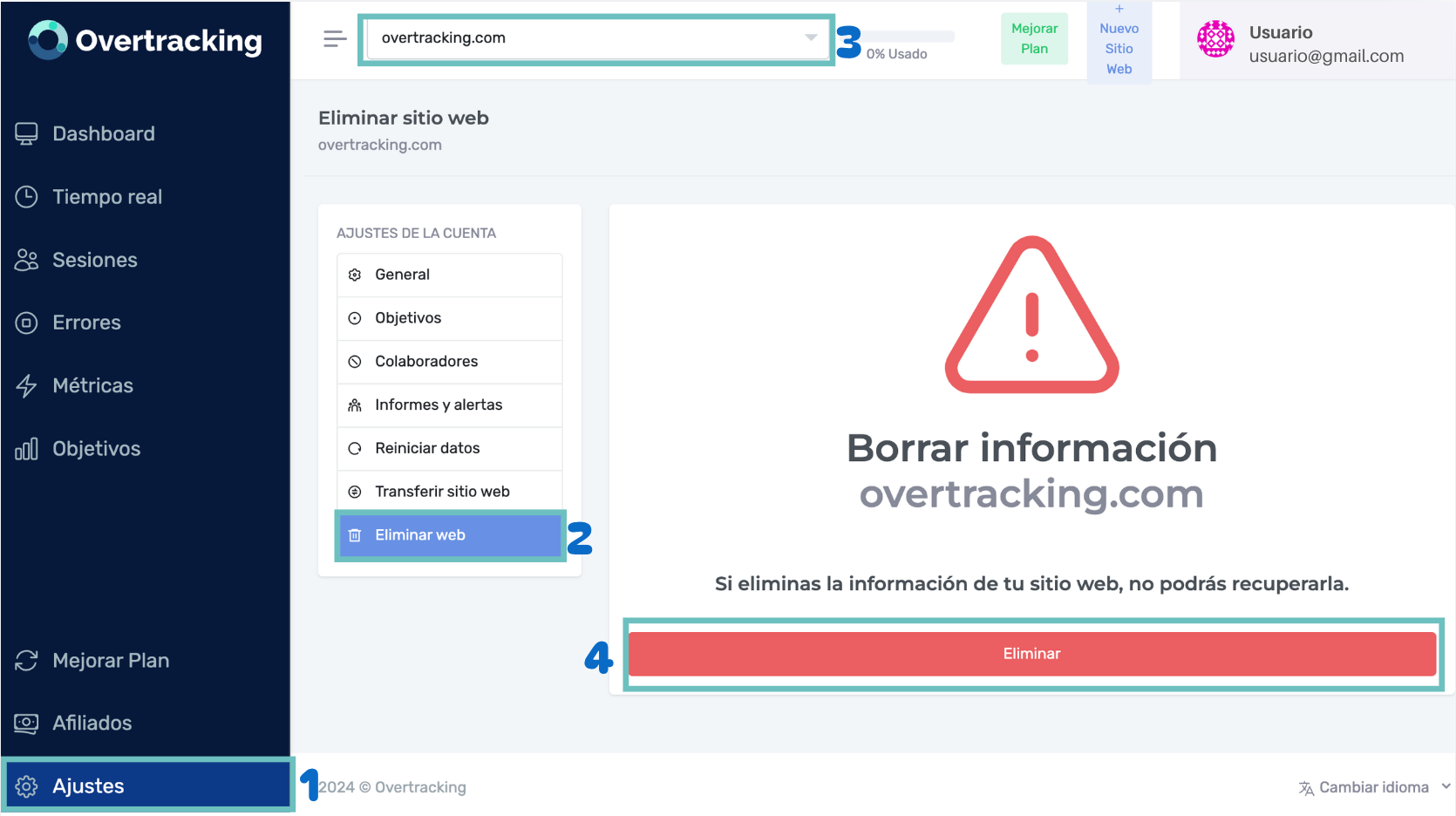 Eliminar web de la cuenta